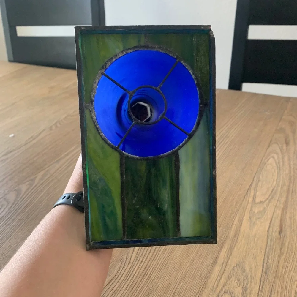 Vtg Stained Glass Lighthouse Cobalt Blue Glass Nautical Accent Lamp Cover READ
